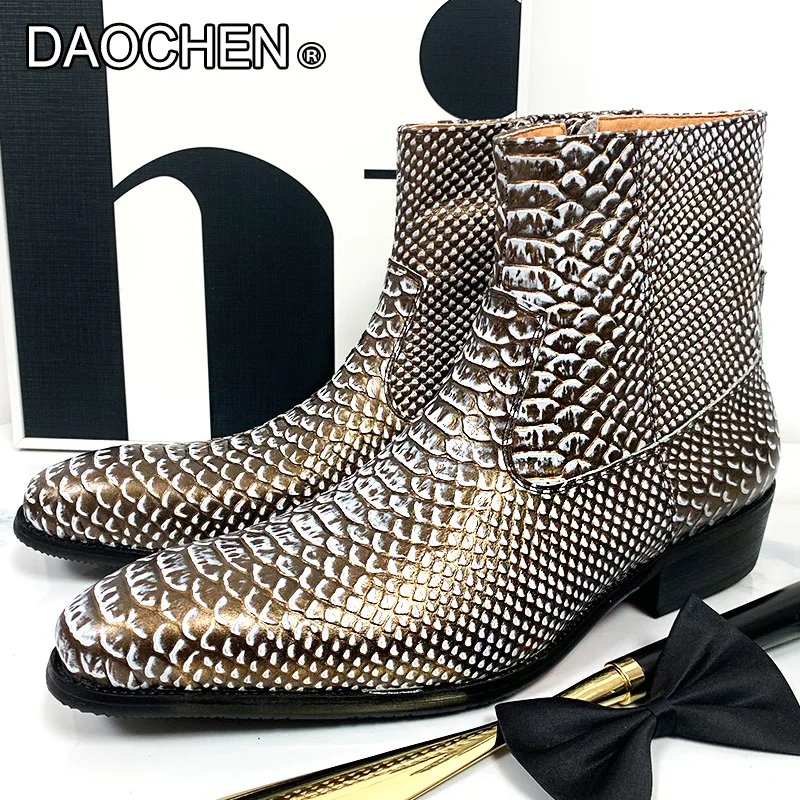 Luxury Men Ankle Boots Zipper Mid-calf Boots Shoes Snake Print Basic ...