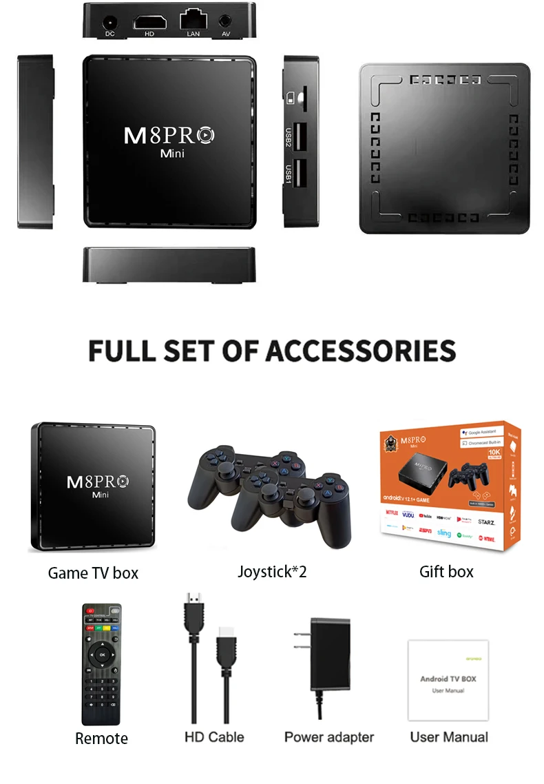 M8-Pro Mini 4K 64G 10000 Retro Video Game Console 2.4G Wilress Controllers Android 12 TV Box Wifi MaliG31 CPU Dual System