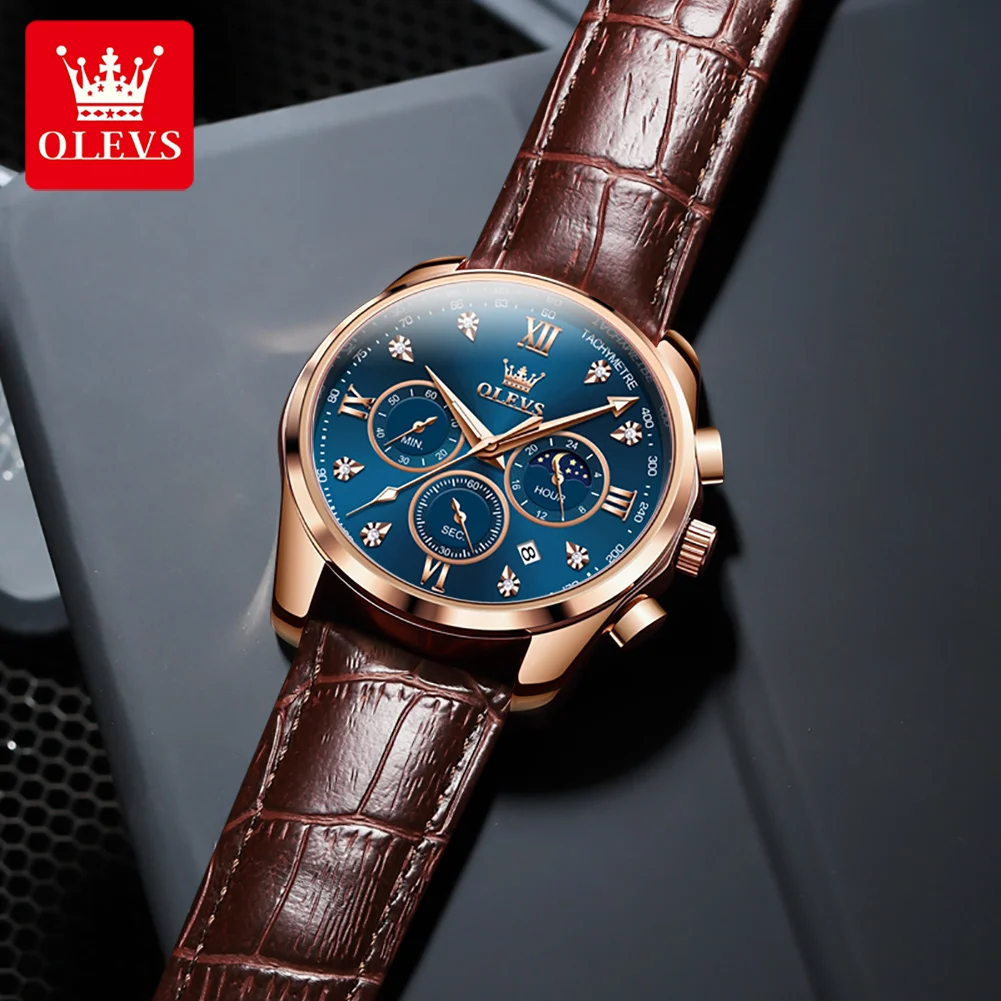 OLEVS Quartz Watch for Men Luxury Stainless Steel Men's Watch Waterproof Luminous Moon Phase Chronograph Wristwatch Reloj Hombre