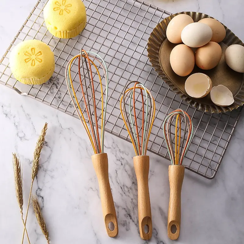 Rotary Whisk Kitchen Stainless Steel Whisk Creamer Semi-automatic Rotary Whisk Beech Wood Vase Handle Hand Mixer G041