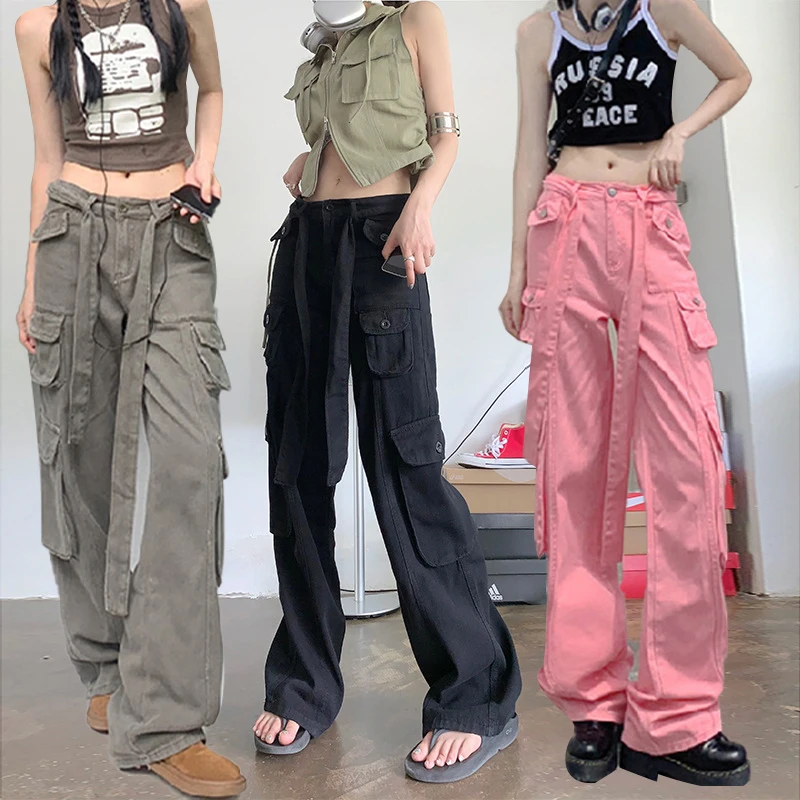 Women Retro Overalls Wide Leg Cargo Pants American Style Hip-hop Trousers Multi-pocket Loose Casual Trousers Vintage Streetwear y2k pink baggy jeans overalls for women wide leg pants rompers summer 2023 casual retro denim jumpsuit trousers female playsuits