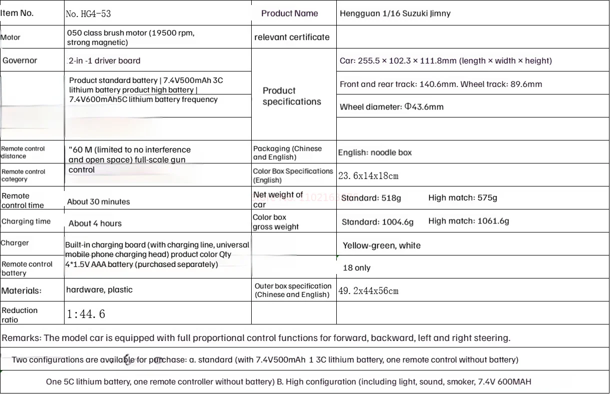 1:16 Suzuki Jimny Hg453 Simulation Model Lights Horn Smoke Rc Car Full Scale Off-Road Climbing Rc Car No.hg4-53