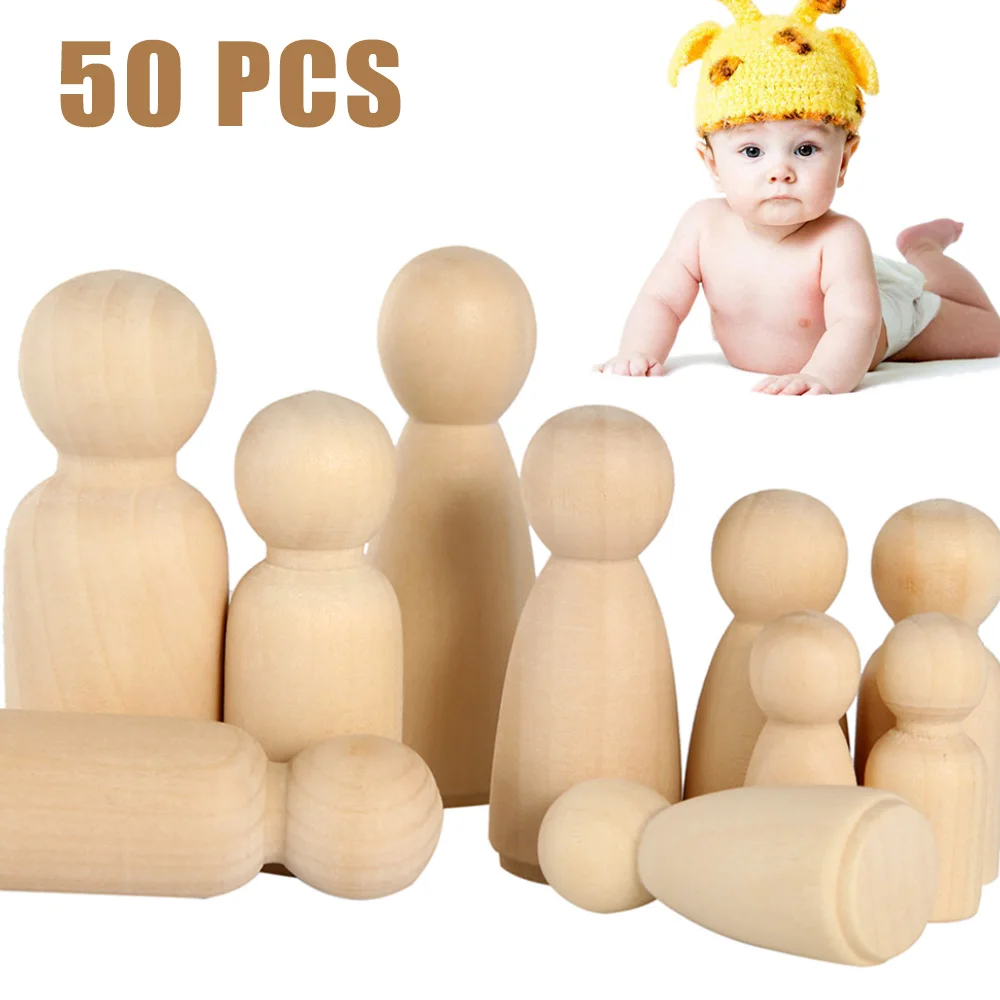 50pcs Unfinished Wooden Peg Doll For DIY Painting Natural Wood Peg People In 4 Sizes Wooden Doll Bodies Peg People For Crafts