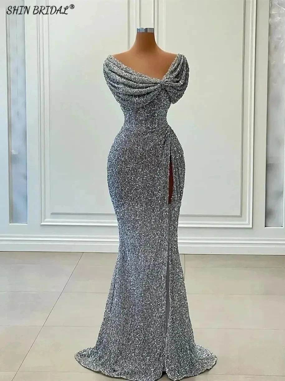 

SHIN BRIDAL Silver Sequin Sparkly Elegant Evening Dresses for Women Glitter High Side Split Floor Length Mermaid Wedding Dresses