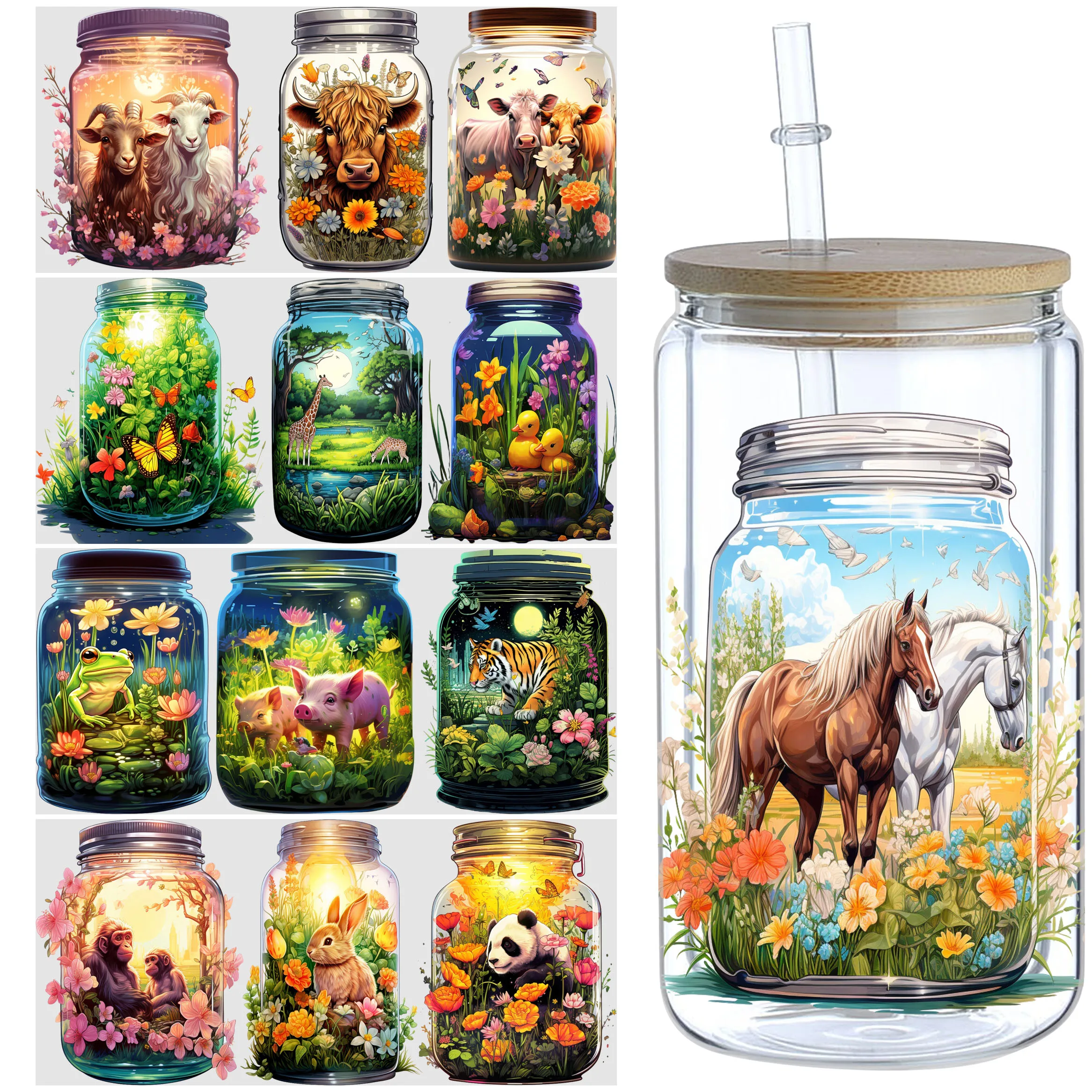 5 Sheets Animals in Bottle UV DTF Cup Stickers 16 oz, DTF Friction Transfer Stickers, Waterproof Funny Animal Stickers for DIY,