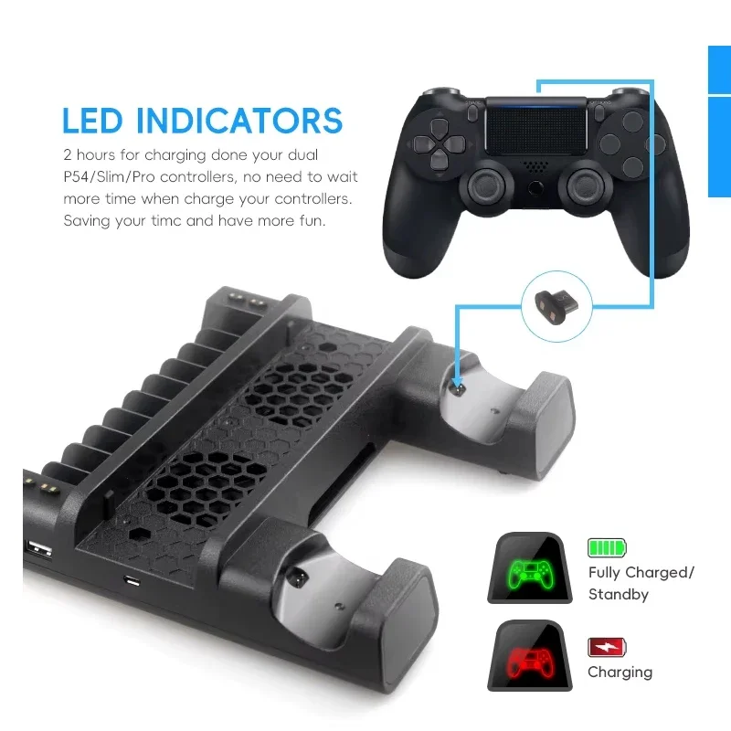 데이터 프로그 PS4/PS4 슬림/PS4 프로 수직 스탠드 (냉각 팬 및 듀얼 컨트롤러 충전 독 포함)