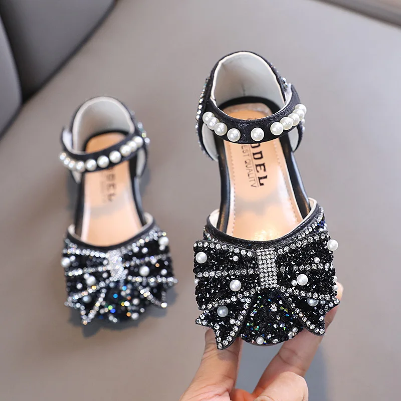 Kids Shoes Baby Shoes Sweet Girl Princess Shoes Fashion Rhinestone Pearl Bow Baby Shoes Kids Party Children's Dance Little Girls Leather New G83