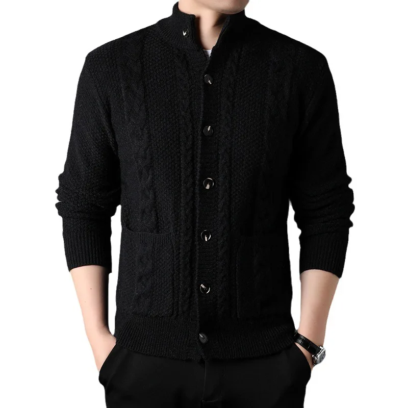 Mens Stand Collar Cardigan Sweaters 2023 Green Button Down Cable Knited Sweater Autumn Winter Fashion Solid Outwear with Pockets 4