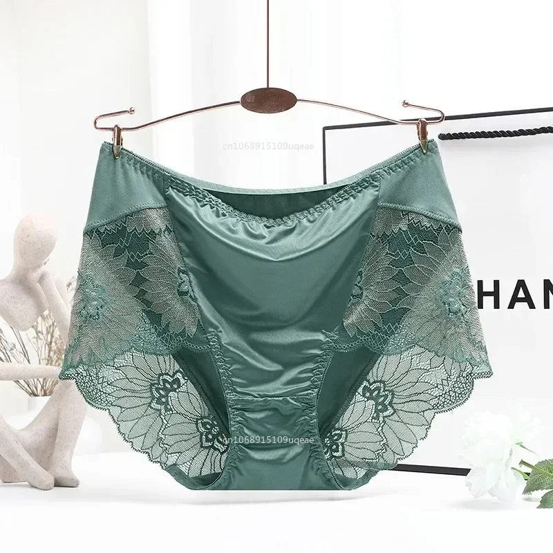 

Women Luxury Satin panties Tummly control summer Sexy Lace briefs High waist Plus size Cotton crotch Breathable Underpants Linge