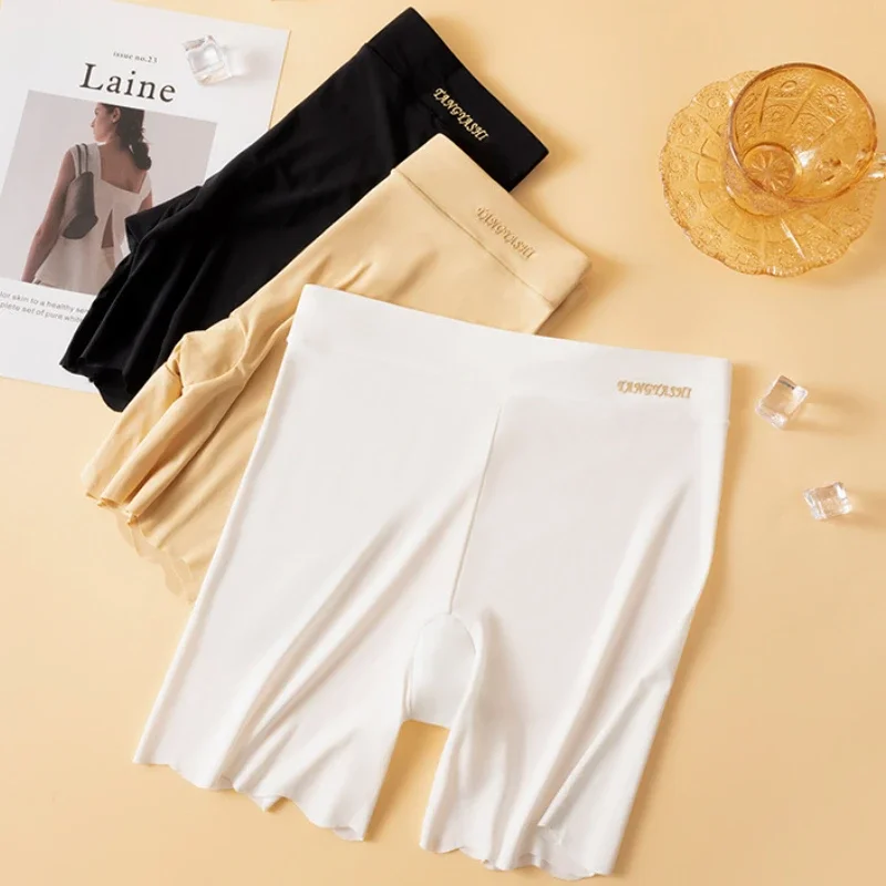 M~4XL Women's Safety Pants Thin Nude Breathable Non-curling Boxer Brief Ice Silk Seamless Shorts High Waist Solid Short Pants safety shorts high waist shorts safety pants