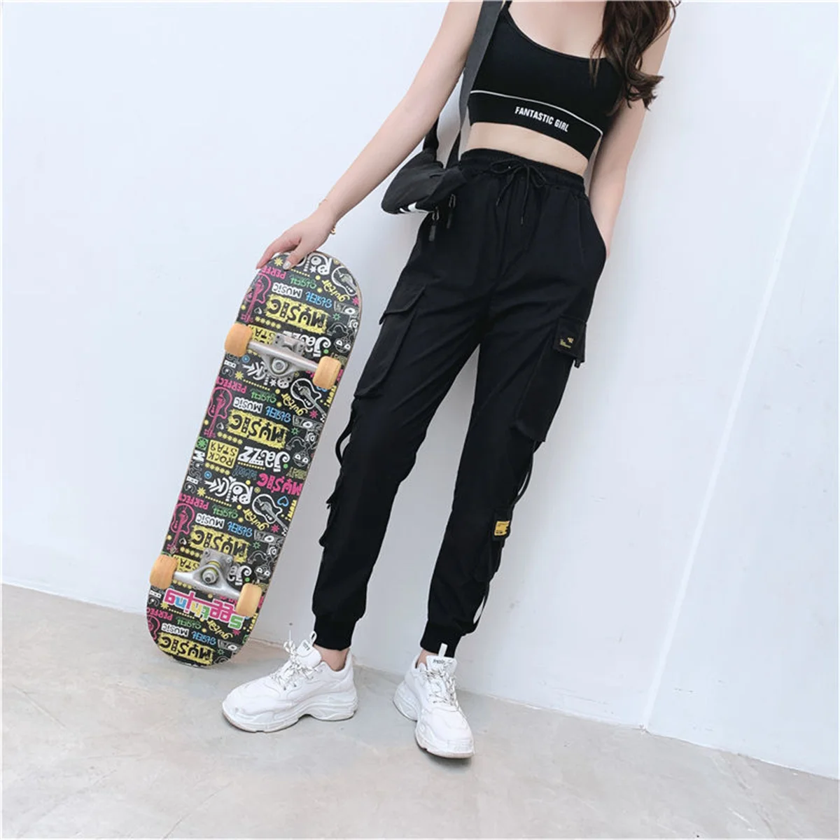 Black Cargo Pants Women Casual Joggers High Waist Loose Female Hip Hop Trousers Korean Punk Pants Funny Capri Streetwear Femme