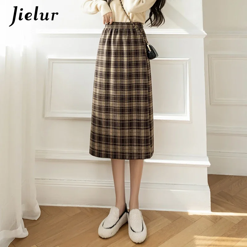 

Jielur Autumn Winter Khaki Black Plaid Skirt Female New High Waist Woolen Long Skirts Women Mid-length A-line Faldas S-XL