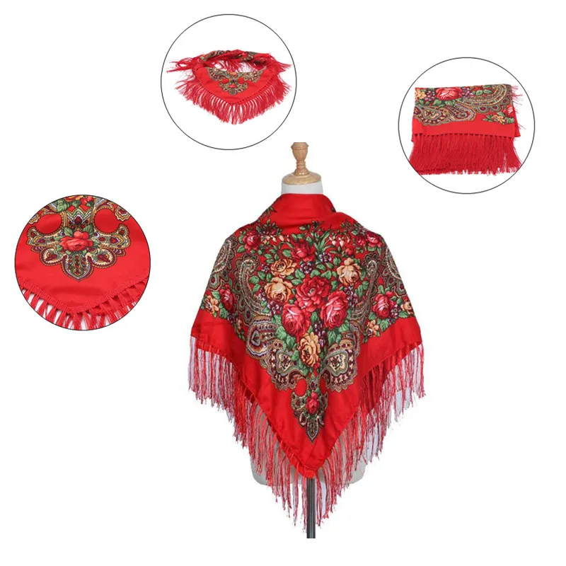 Retro Printed Scarf Winter Boho Shawl Autumn And Winter Warm Cotton Russian Women'S Shawl Ethnic Style Tassel Scarf Shawl 1pc 4