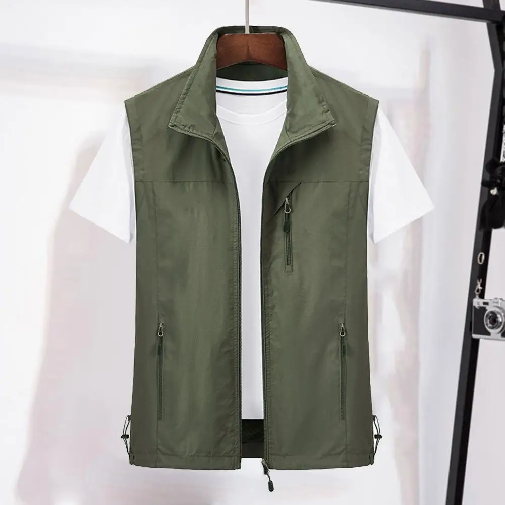 Lapel Sleeveless Vest Coat Multiple Pockets Zipper Placket Waterproof Men Cargo Mountaineering Waistcoat