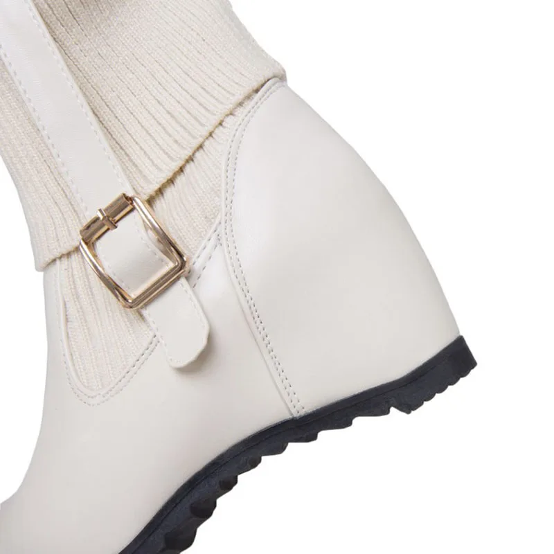 Winter Plush Knitted Stretch Boots Women 2022 Weave Mid-calf Bottines Wedges High Heels Belt Buckle Riding Botas De Mujer 34-43