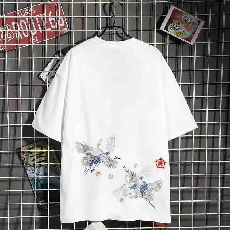 

Summer Crane Embroidery Short Sleeve O Neck Men T Shirts Chinese Style Fashion Casual Harajuku Oversized Black White Streetwears