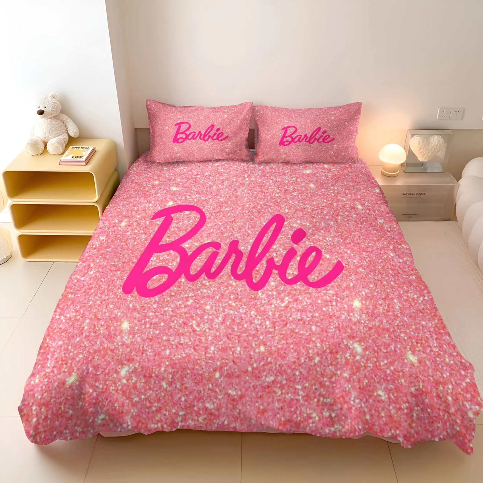 MINISO-PrintedBarbie Set for Girls, Disney Co-branded Barbie Pink, Modern Duvet Cover, 2 Piece Bedding Set