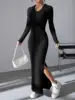 Black Temperament Pit Strip Slimming Dress Autumn/Winter Casual Waist Wrap With Hip V-neck Knit Dress 1
