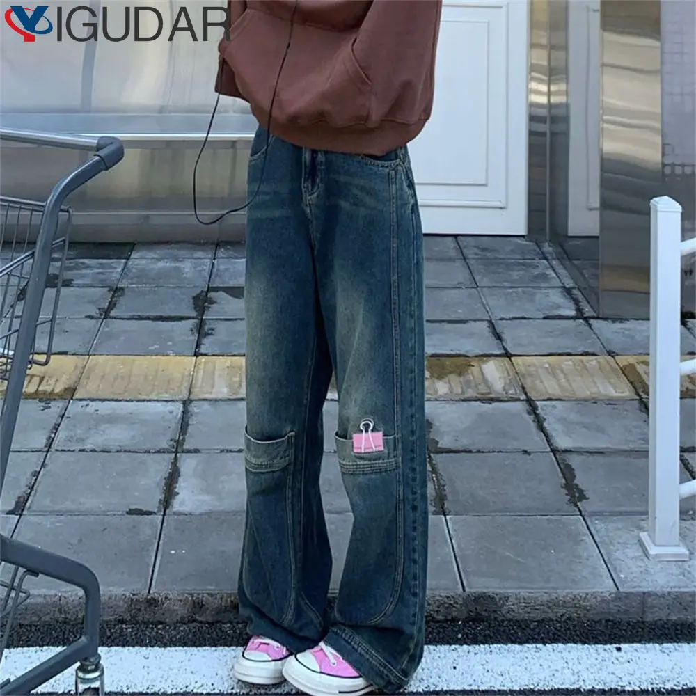

Vintage Blue Women Jeans Stars American Fashion Streetwear Style Wide Leg Jean Female Denim Trouser Straight Baggy Denim Pants