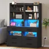 Tall Nightstand Set of 2 with Charging Station and LED Lights,Black Night Stand Set 2 with Bookshelf,Modern LED Bedside Tables 1