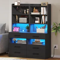 Tall Nightstand Set of 2 with Charging Station and LED Lights,Black Night Stand Set 2 with Bookshelf,Modern LED Bedside Tables 1