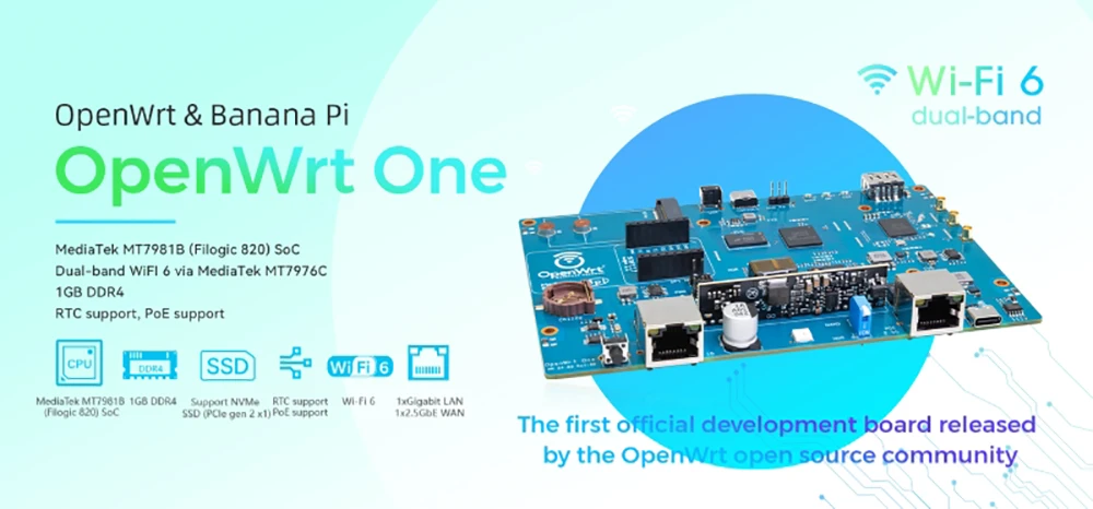 Banana Pi OpenWrt One Open Source Smart Router MediaTek MT7981B Dual-Band WiFi6