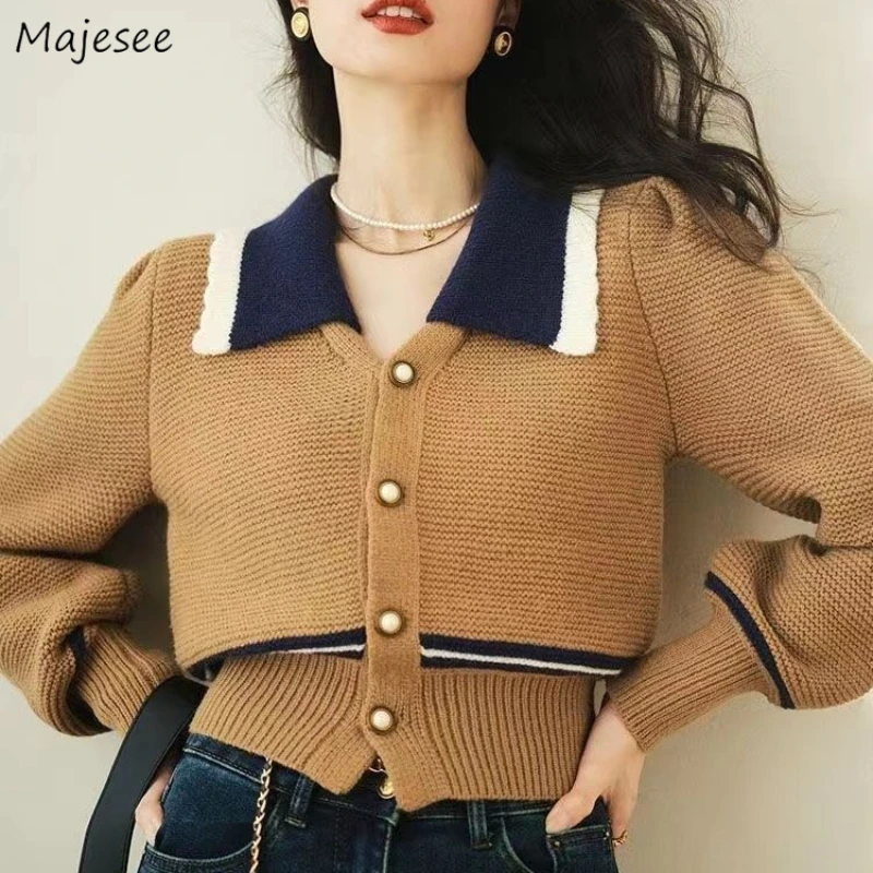 

Cardigans for Women Vintage Contrast Color French Autumn Winter Turn-down Collar Sweaters Elegant Defined Waist Lady Knitwear