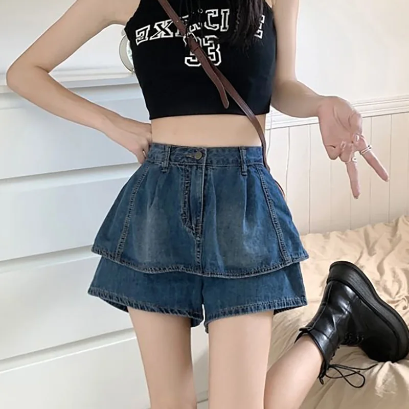 Fashion Zipper Button Spliced Ruffle Denim Shorts Female Clothing 2024 Summer New Loose All-match High Waist Casual Shorts