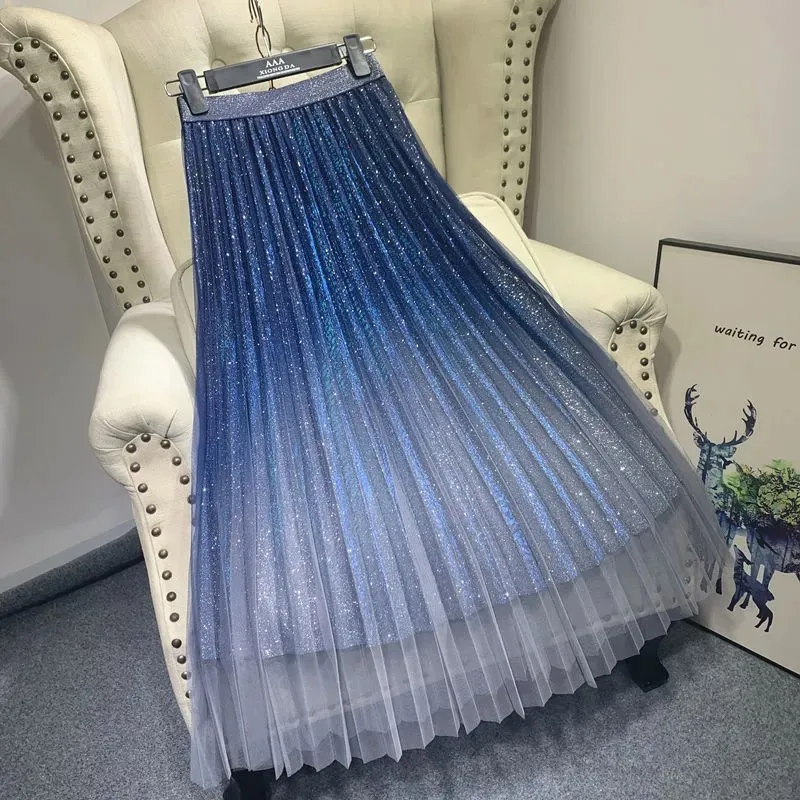 

2022 Summer Tulle Skirt Sequin skirt High Waist long pleated Skirt Blue Evening Party Sexy Skirt Women falda sparkling skirt