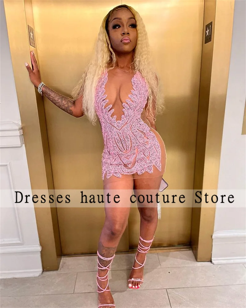 Luxury Pink Women Cocktail Dresses Sheer Mesh Beads African Girl Short Prom Dresses For Birthday Party Gowns