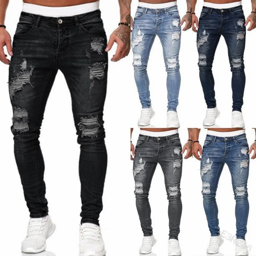 Distressed Streetwear Ripped Skinny Jeans Men Vintage Wash Solid Elastic Biker Holes Denim Pencil Pants Casual Slim Fit Joggers ripped patchwork jeans ripped jeans