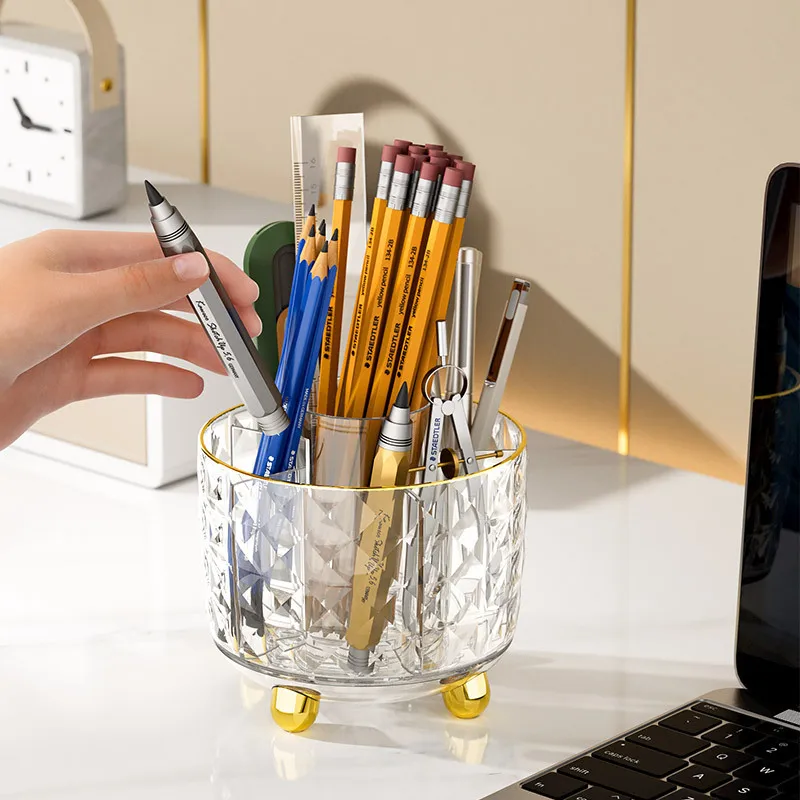 

360° Rotating Pen Holder with Lid Luxury Organizer for Stationery Rule Pencil Holder Multi-purpose Storage Box Gift for Friends