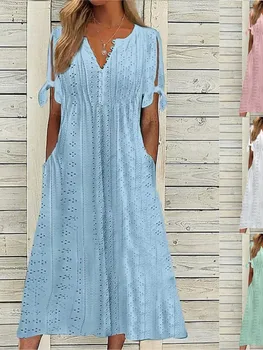 Summer New Women's Mid Length Dress With Sexy Holes Hollowed Out Lace Up V-neck Pleated Edges Fashionable Patchwork Dress 1