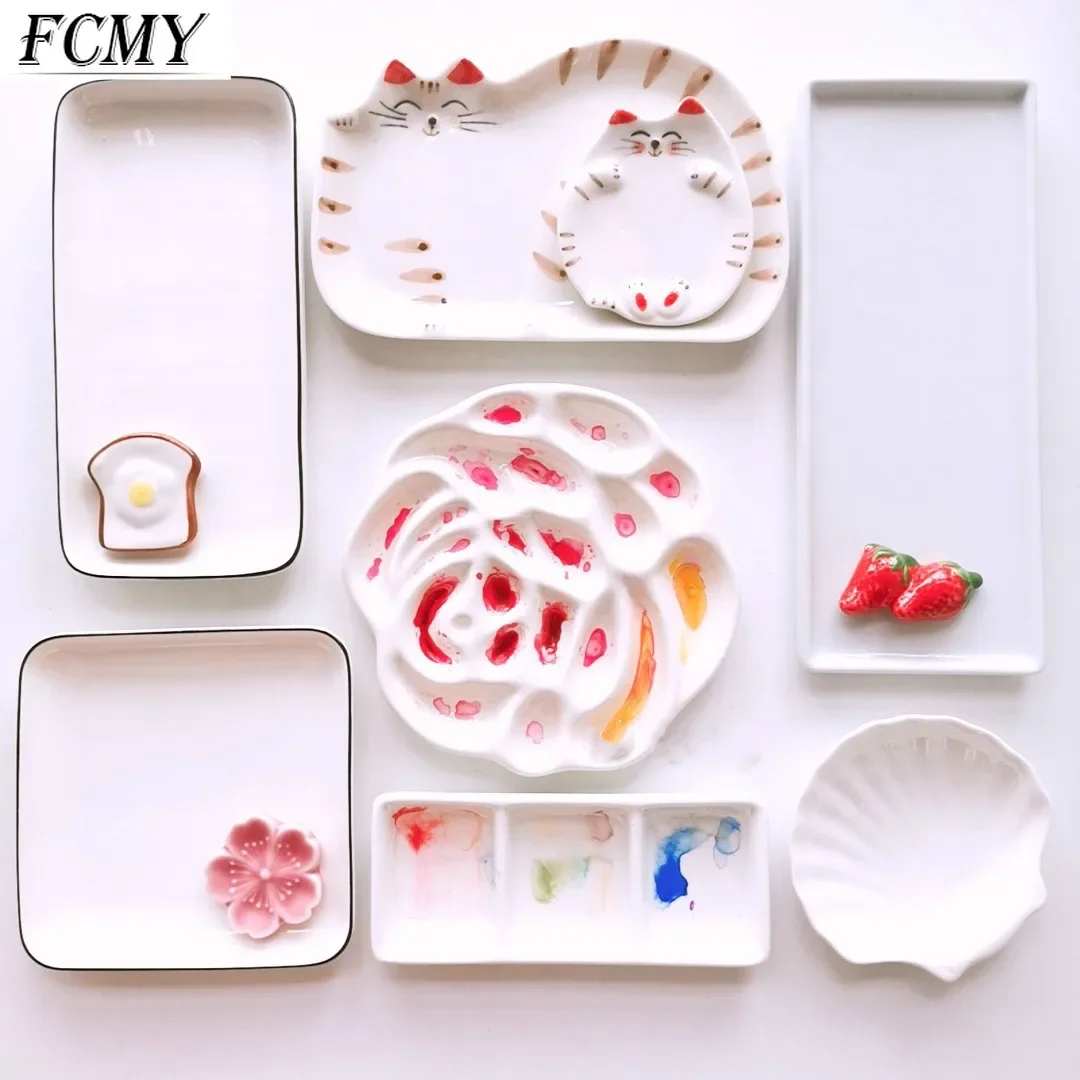 Ceramic Palette Watercolor Painting Dish Kawaii Kitten White Porcelain Color Palette Office Profession Painting Art Supplies