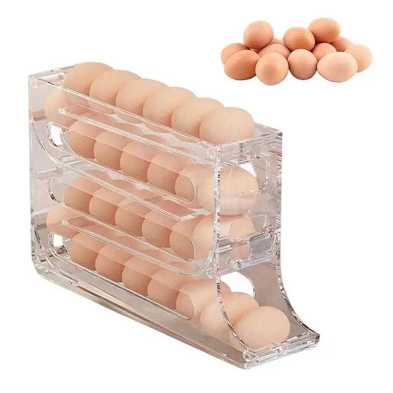 Transparente Refrigerador Egg Rack, Rolagem Automática Titular, 4 Tiers Caixa De Armazenamento, Egg Rolling Basket Containers, Estojo de Cozinha