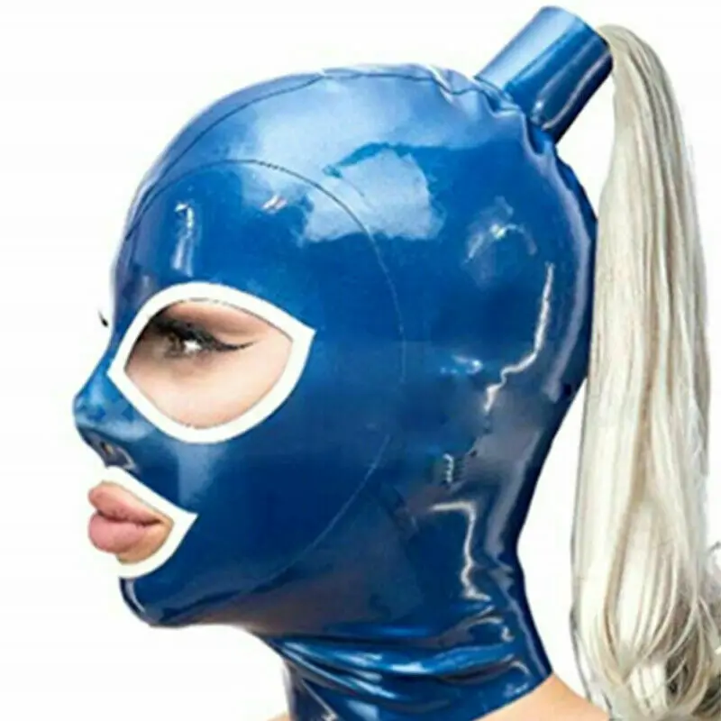 

Latex Rubber Hood Mask with Ponytails Wigs Blue Color Customized 0.4mm