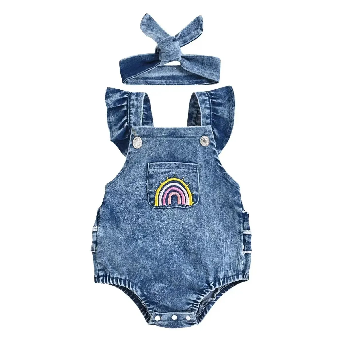 Cotton romper trendy denim shirred trim sleeveless baby girls jumpsuit infant newborn summer clothing
