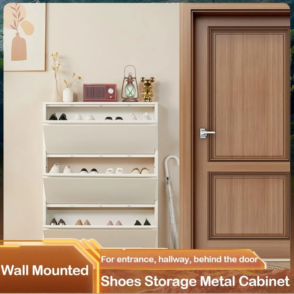 Slim Wall Mount Shoe Cabinet with Flip Drawers, Hidden Storage for Entryway, White Metal Rack