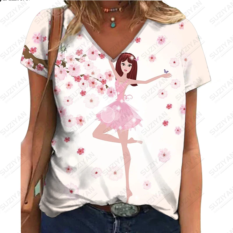 

Hot Selling Women's Simple T-shirt New Women's Short Sleeve Personalized Temperament 3D Printing Women's Casual Loose V-neck Top