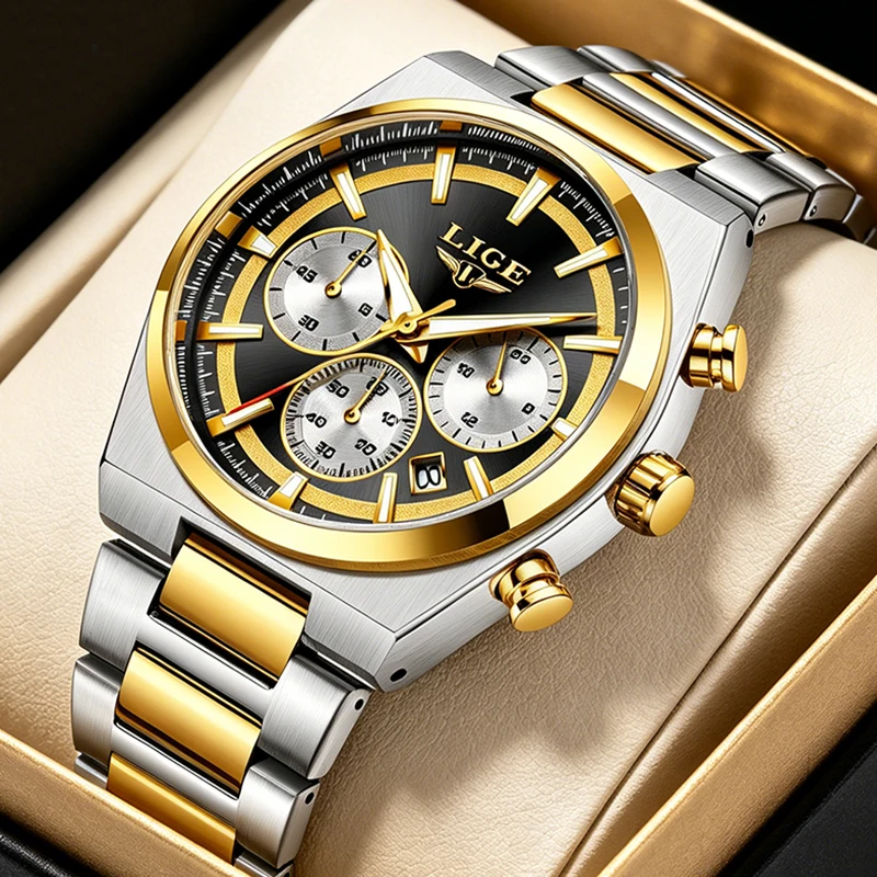 LIGE Men's Waterproof Luminous Quartz Chronograph Sport Watch with Gift Box