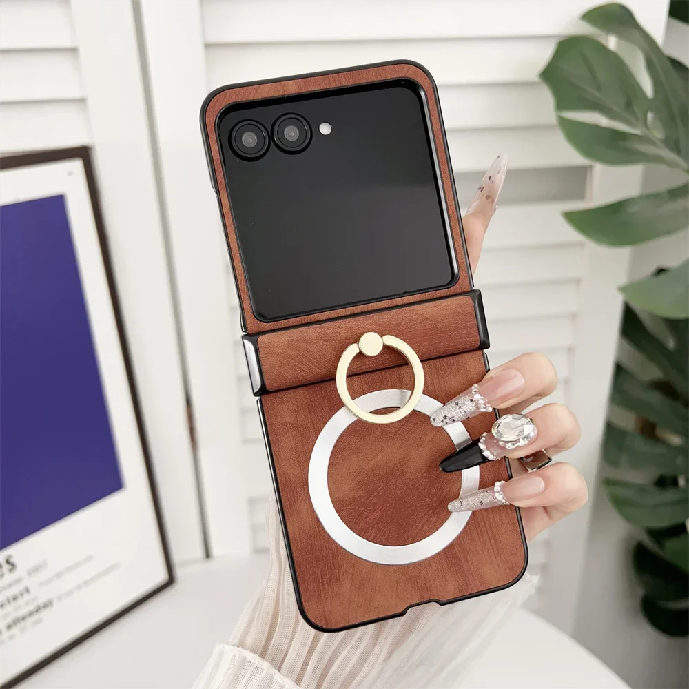 Leather Shockproof Wireless Charging Phone Case with Ring Hinge Protective Cover