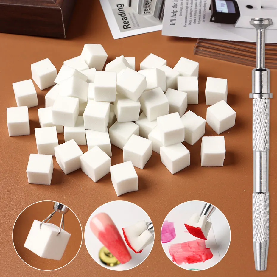 25/50/100pcs Soft Small Cube Nail Art Sponges + 1pc Grab Pen Set For Gradient Nail Effect Brush for Manicure DIY Supplies