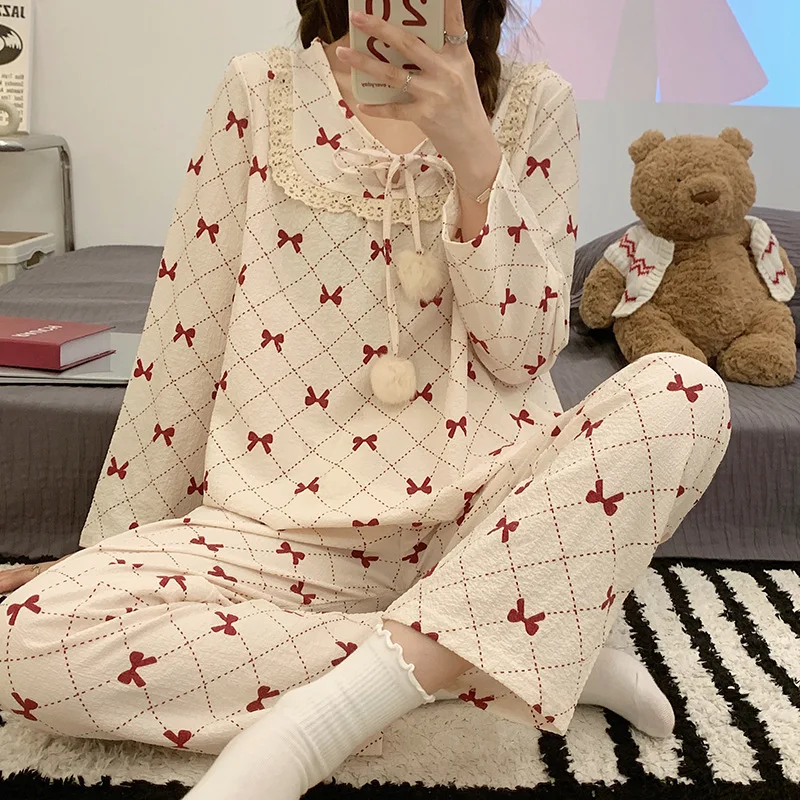 Cotton Home Suit Korean Sleepwear Print Pajamas Women Autumn Pijama Pyjamas  Long Sleeve 2 Piece Set Nightwear