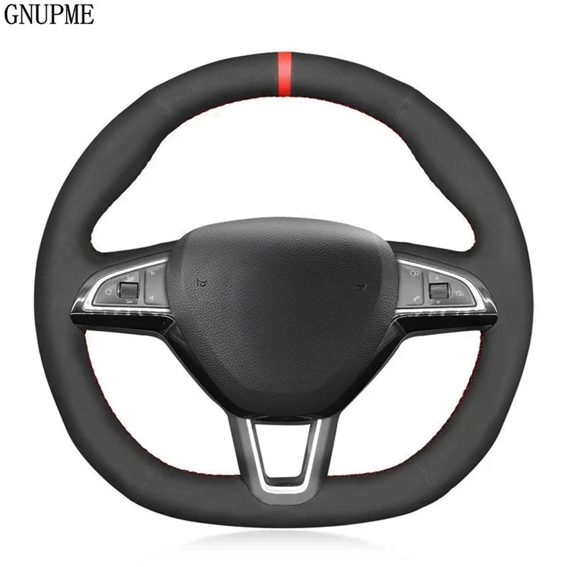 

Hand-Stitched Black Genuine Leather Suede Car Steering Wheel Cover For Skoda Octavia 2015-2019 Fabia 2016-2019 Kodiaq 2016-2019