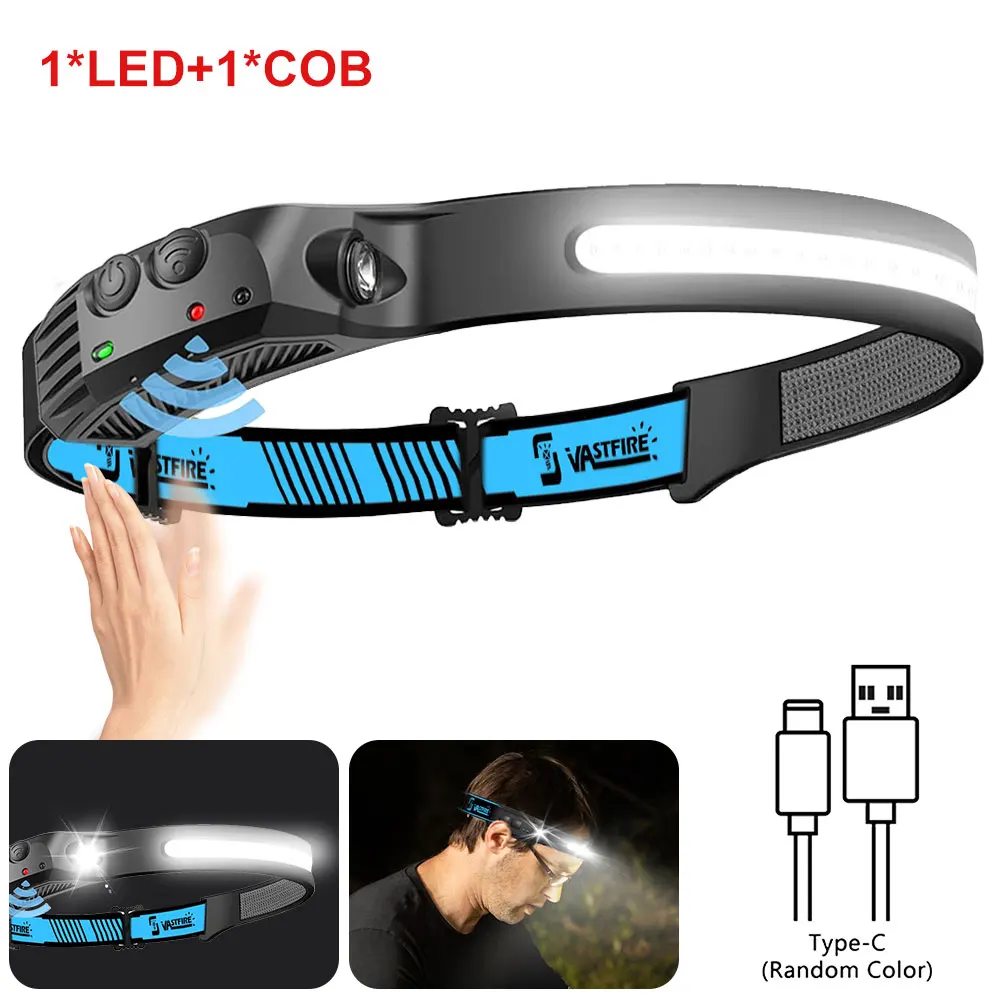 Lampe frontale LED COB à induction, batterie intégrée, rechargeable par USB, lampe frontale pour le camping en plein air, la pêche, avec capteur
