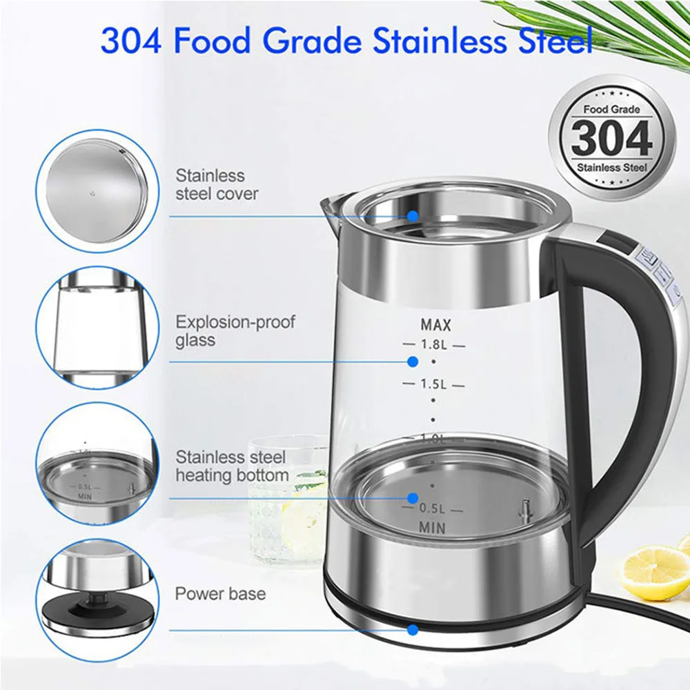 1.8L Portable Electric Kettle Teapot 1800W Glass Stainless Steel Water Boiler Fast Heating Tea Pot Home Appliance 220V 전기포트 주전자 2