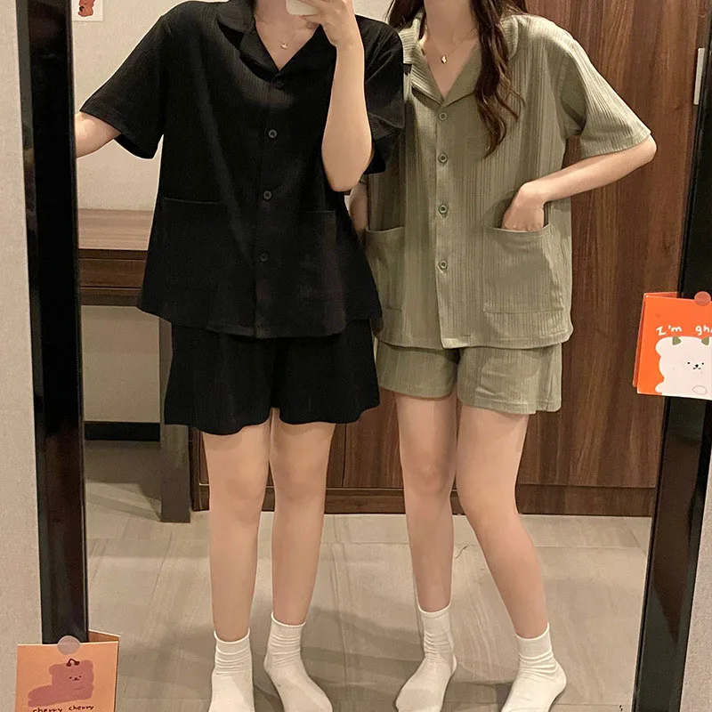 Пижама для пар для мужчин и женщин, повседневная простая тонкая ночная рубашка оверсайз, с коротким рукавом и шортами, домашняя одежда для сна, 2 шт., на лето