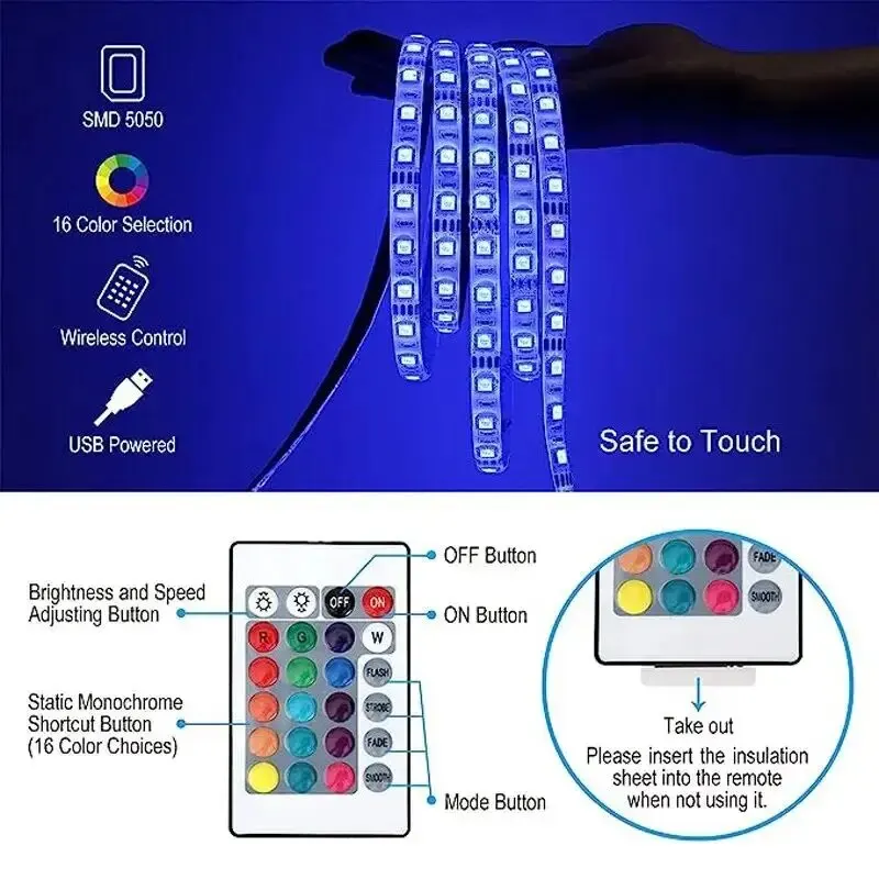 LED Strip Lights USB RGB 5M 5050 Flexible Lights Strip 24keys Remote Control for Room Living Room Party TV Backlight
