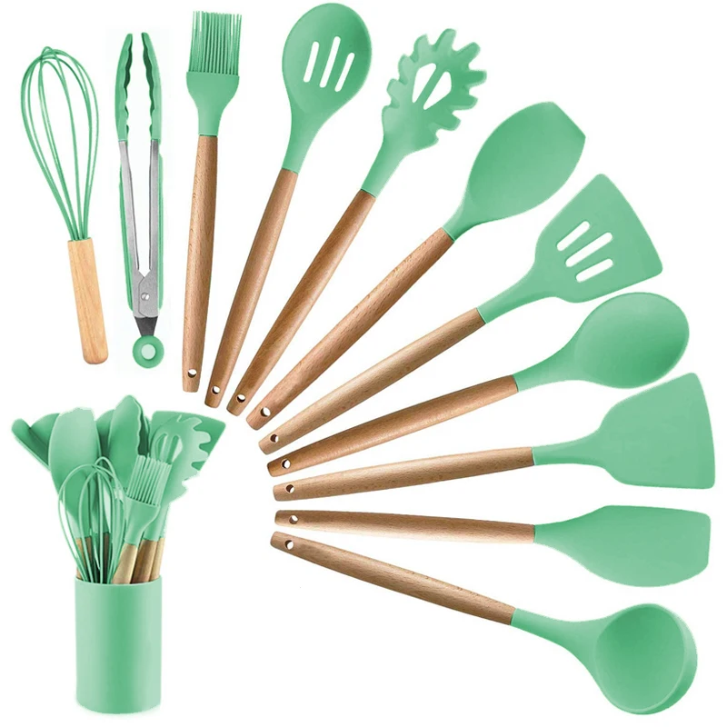 Rodanny 12PC Kitchen Silicone Cooking Utensils Set Non-stick Cookware With Wooden Handle Anti-slip Shovel Spoon Cooking Tool kitchen scissors Kitchen Tools & Gadgets