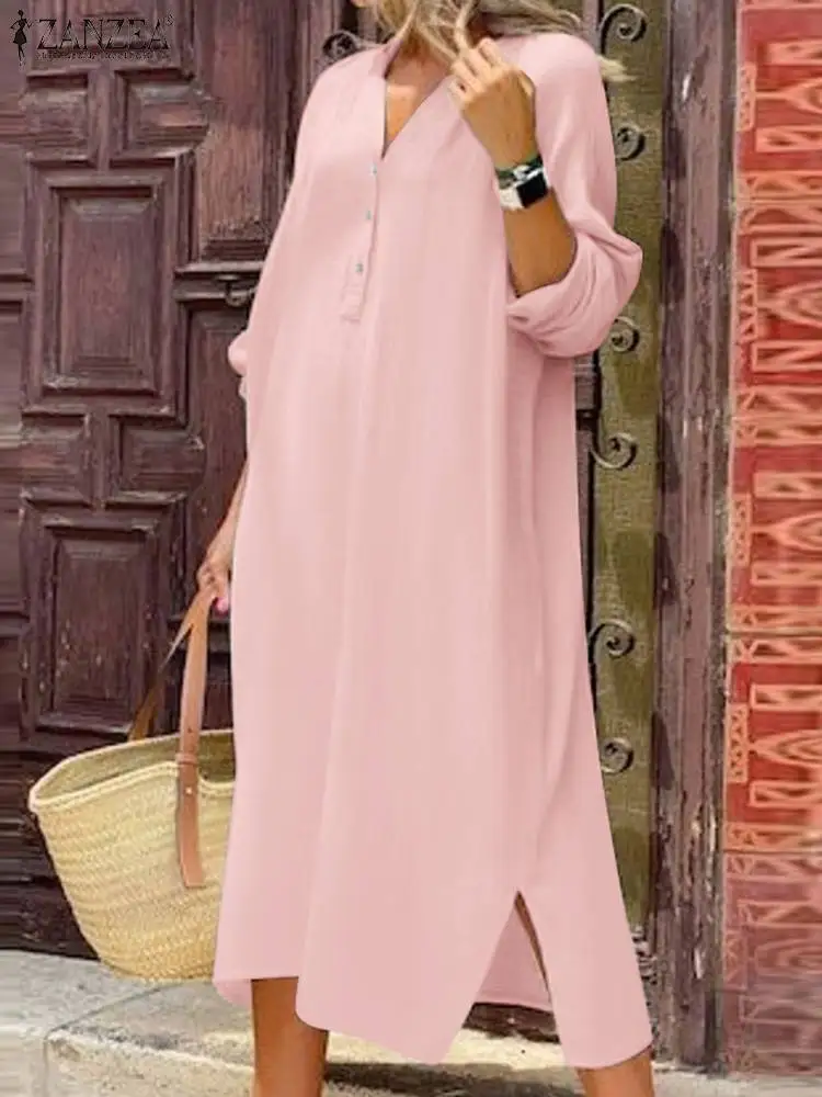 

Женское длинное платье ZANZEA с длинным рукавом и V-образным вырезом, однотонные повседневные Модные халаты миди, Осеннее свободное платье оверсайз с разрезом, 2023